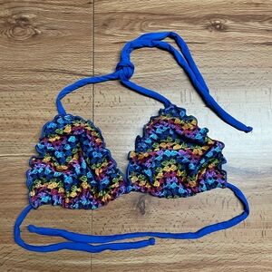 Multicolor Crochet Print Lettuce Trim Triangle Bikini Top Swim Women